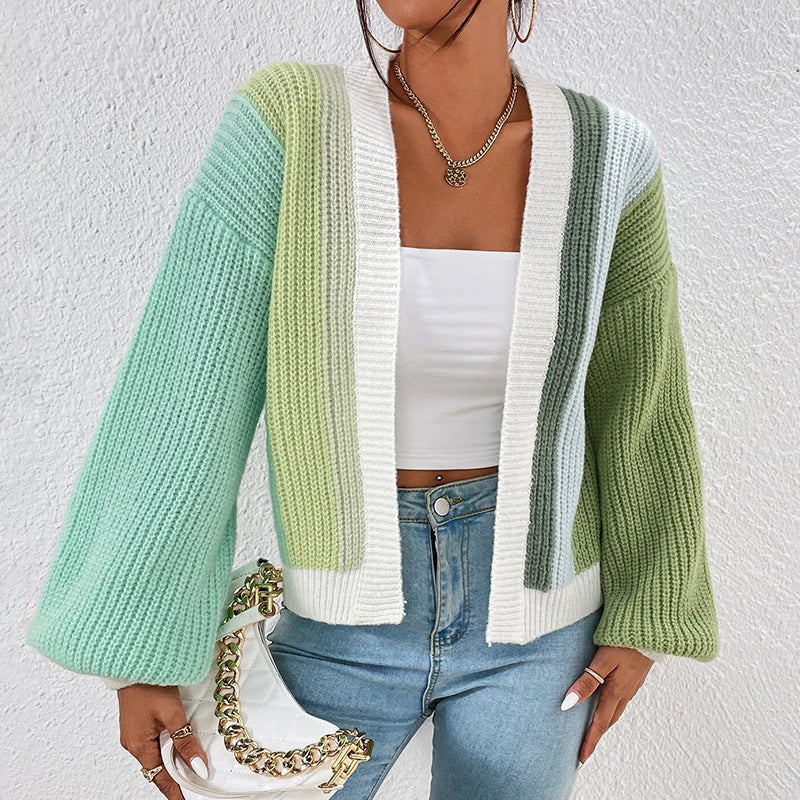 Dopamine-Inspired Color Block Fashionable Knit Cardigan