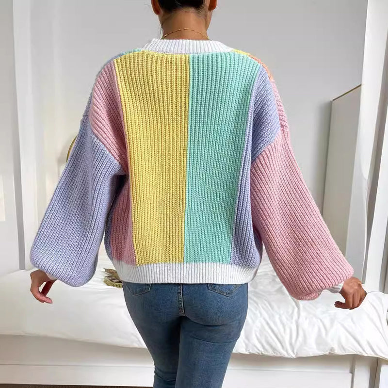 Dopamine-Inspired Color Block Fashionable Knit Cardigan