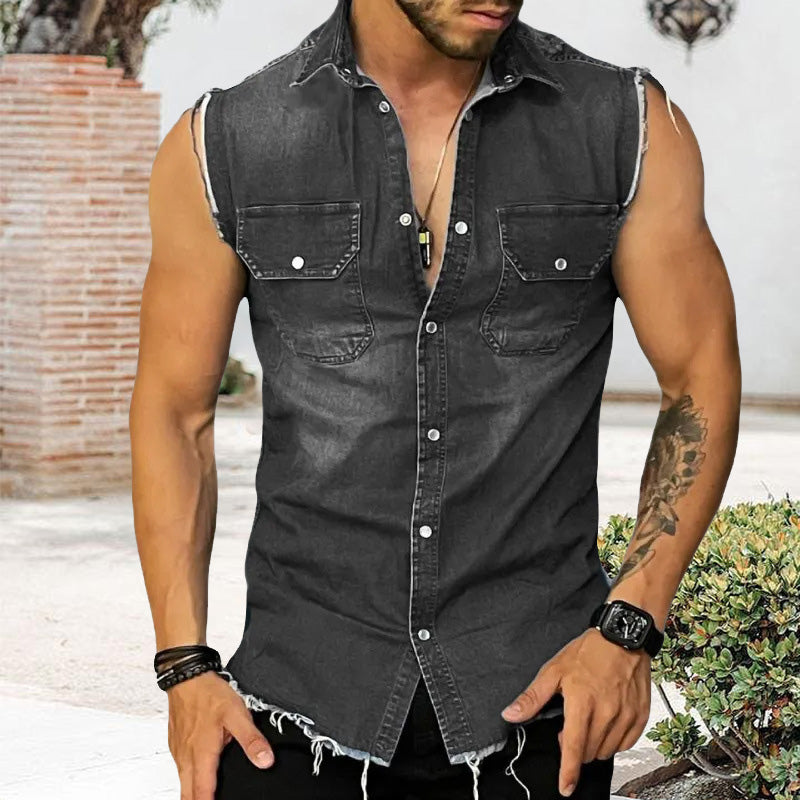 Men's Vintage Lapel Sleeveless Denim Shirt