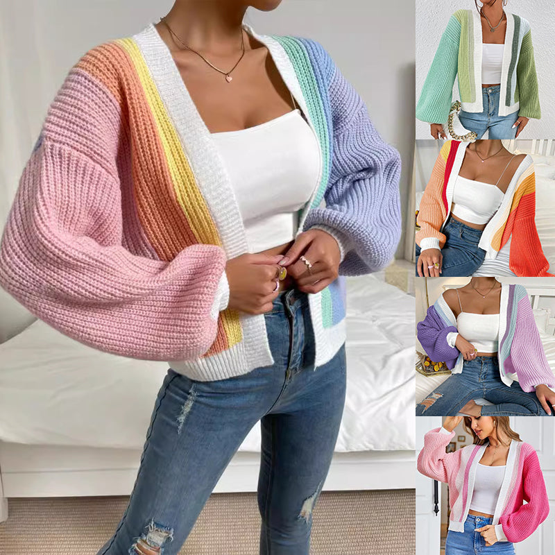 Dopamine-Inspired Color Block Fashionable Knit Cardigan