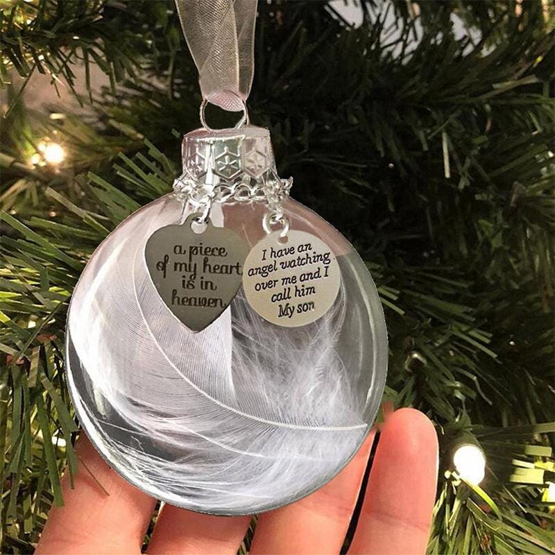 Christmas Memorial Ornament Feather Ball Personalised White Feather Bauble- A Piece of My Heart Is In Heaven