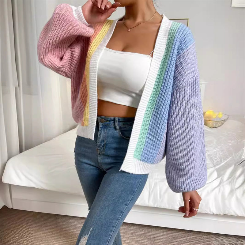 Dopamine-Inspired Color Block Fashionable Knit Cardigan