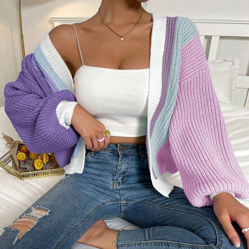 Dopamine-Inspired Color Block Fashionable Knit Cardigan