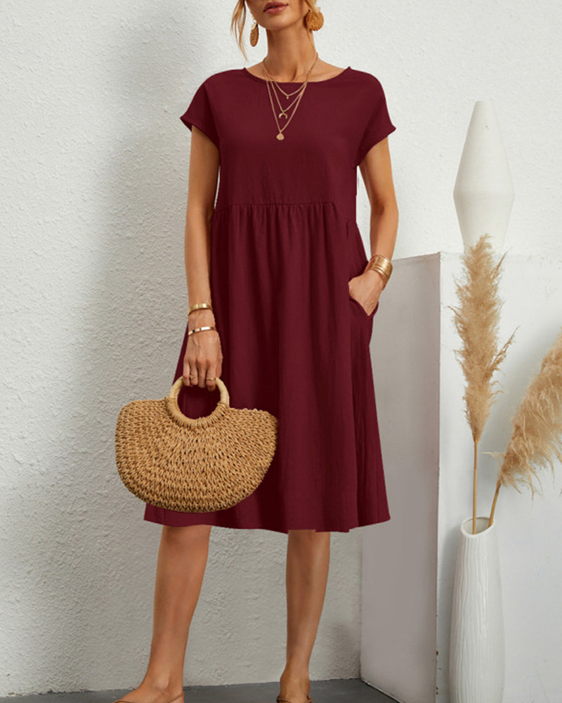 Round neck loose cotton and linen dress