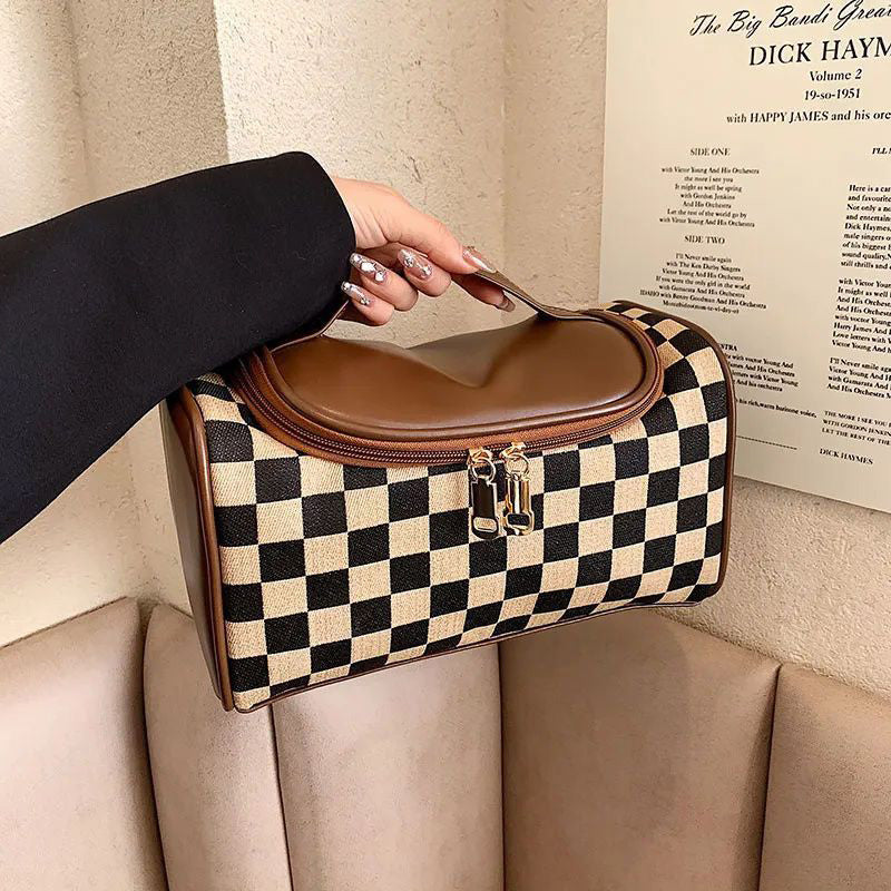 Vintage Checkerboard Pattern Makeup Bag