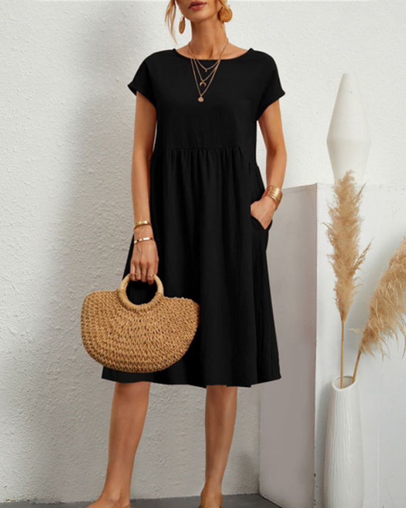 Round neck loose cotton and linen dress