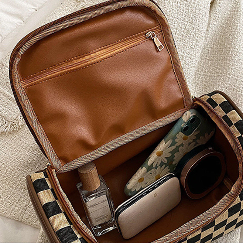 Vintage Checkerboard Pattern Makeup Bag