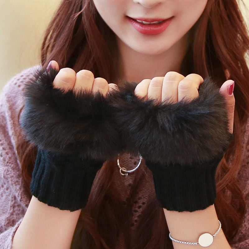 Faux Rabbit Fur Half Finger Gloves