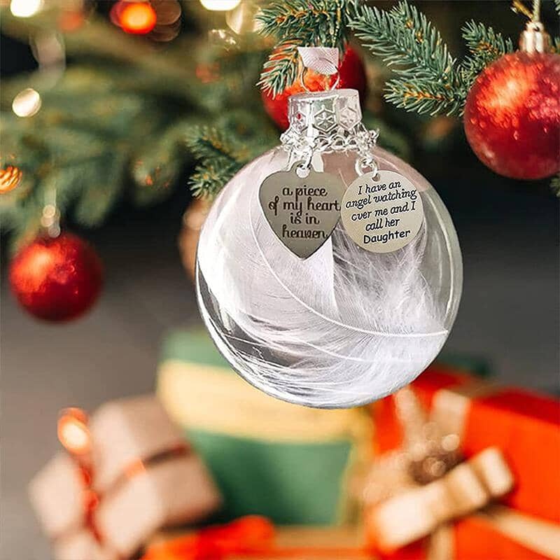 Christmas Memorial Ornament Feather Ball Personalised White Feather Bauble- A Piece of My Heart Is In Heaven