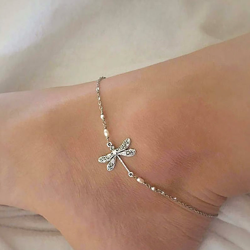 Simple Dragonfly Anklet With Pearl