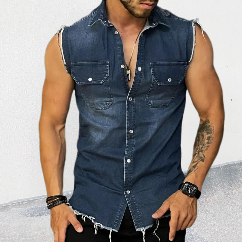 Men's Vintage Lapel Sleeveless Denim Shirt