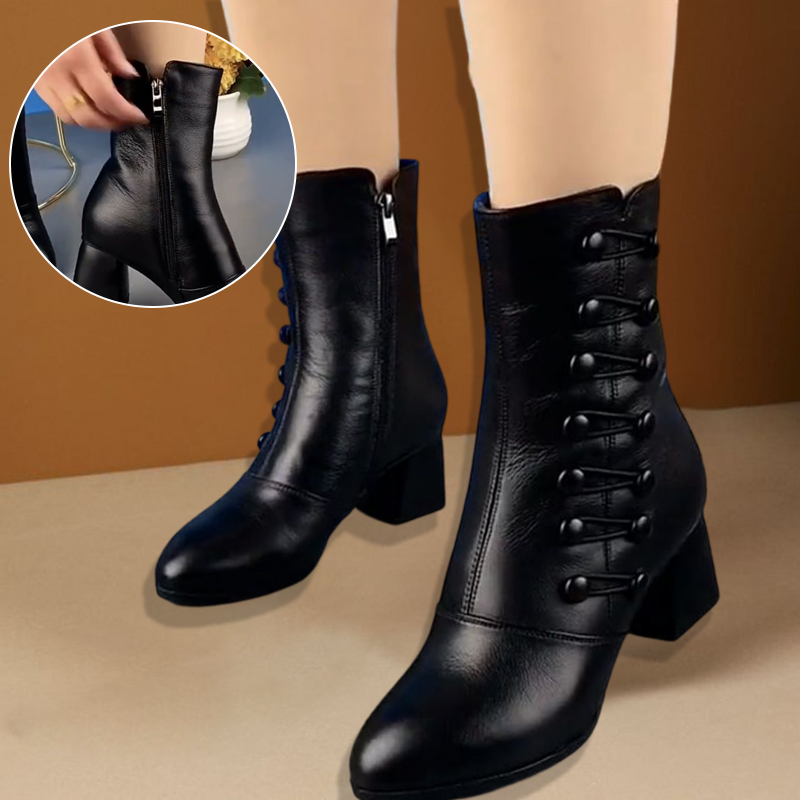 Women Warm Side Butto Leather Ankle Boots