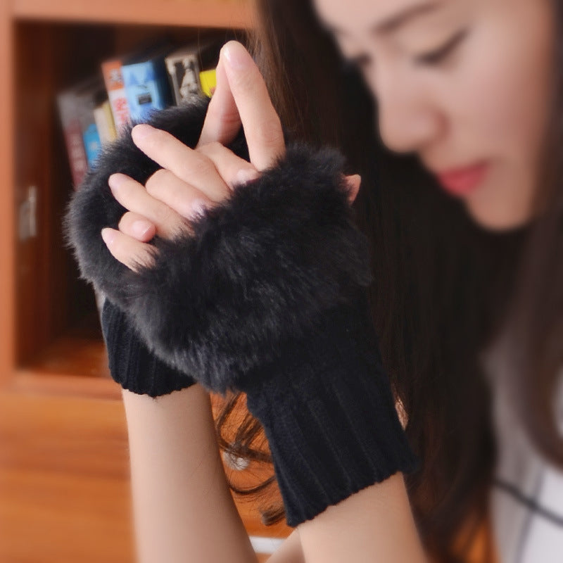 Faux Rabbit Fur Half Finger Gloves