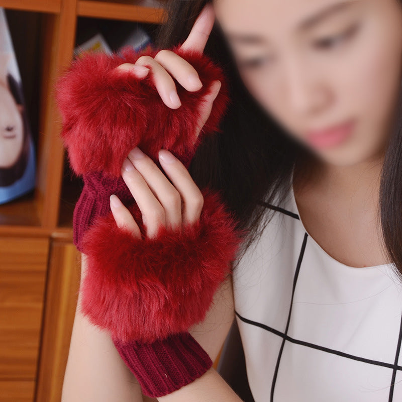 Faux Rabbit Fur Half Finger Gloves