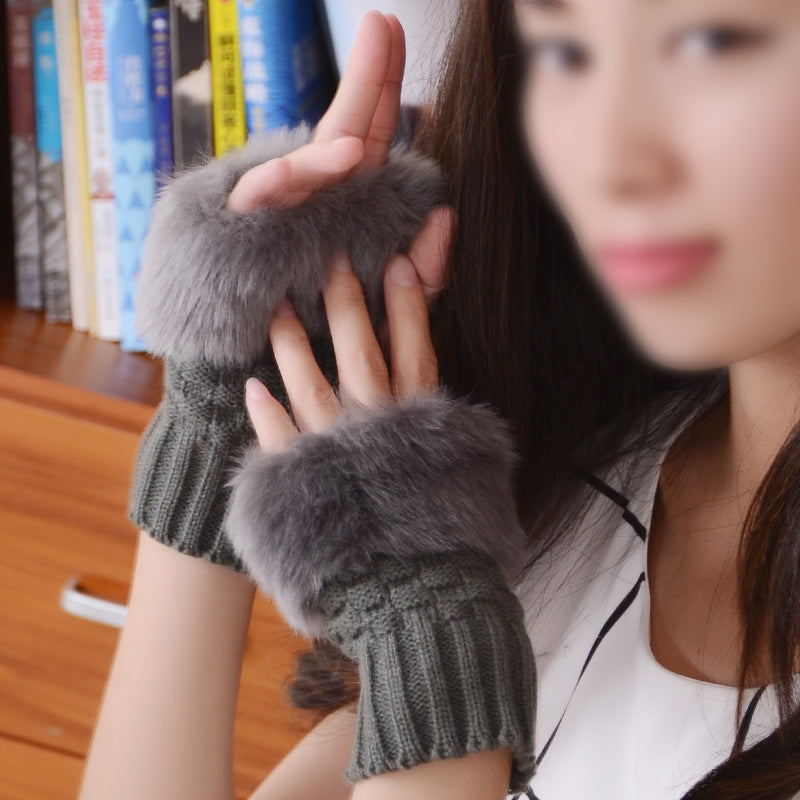 Faux Rabbit Fur Half Finger Gloves