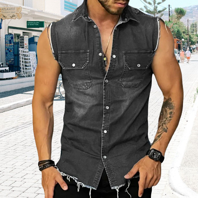 Men's Vintage Lapel Sleeveless Denim Shirt