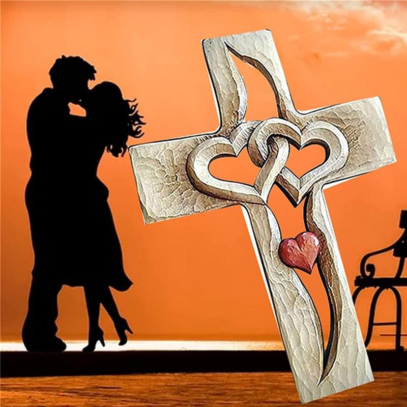 Carved Wooden Cross - Intertwined Hearts