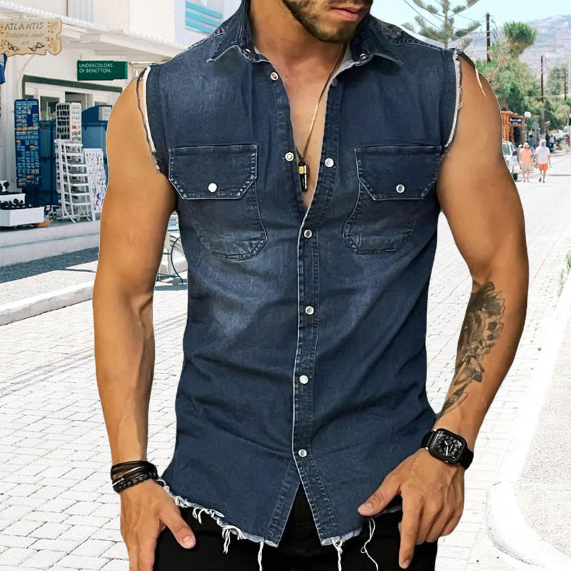 Men's Vintage Lapel Sleeveless Denim Shirt