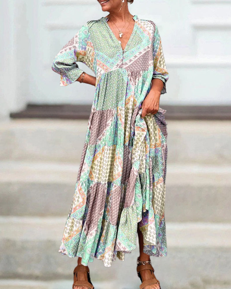 Color Block Print Dress with 3/4 Sleeves