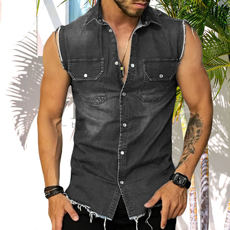 Men's Vintage Lapel Sleeveless Denim Shirt