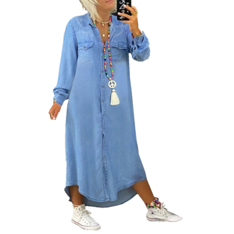 Women's Solid Color Long Sleeve Casual Denim Dress